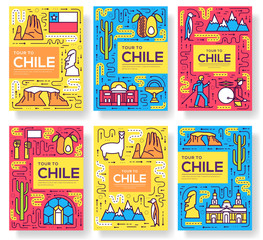 Chile vector brochure cards thin line set. Country travel template of flyear, magazines, posters, book cover, banners. Layout culture monument outline illustrations modern pages