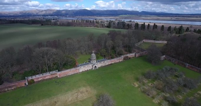 Aerial footage of The Pineapple also called Pineapple House near Airth in Central Scotland. A pineapple shaped roof of a summerhouse built in 1761 by the Earl of Dunmore.