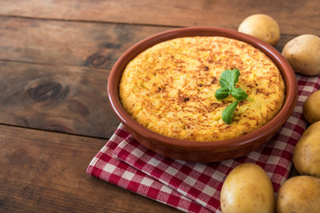 Traditional spanish omelette close up,  view from above. Spanish tortilla 
