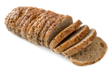 Top view of sliced wholegrain loaf  bread  isolated on white background closeup.