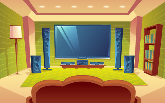 Vector cartoon home theater, audio video system with remote control inside the hall. Plasma monitor on the wall, tv, speakers, sofa, furniture. Modern interior, electronic device with stereo surround