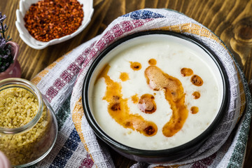 Traditional Turkish Tarhana Soup in an Enamel Bowl