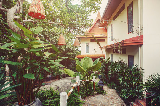 Interior of Tropical house outdoor with tropical garden