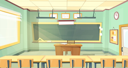 Vector cartoon background with empty classroom, interior inside. Back to college concept illustration. High school or university lecture hall with furniture, chalkboard, rows of desks and chairs