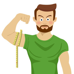 Attractive serious fit man flexing his bicep and measuring it with tape-line