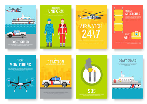 coast guard thin line brochure cards set. Guarding traditional template of flyear, magazines, posters, book cover, banners. Devices outline invitation concept background. Layout quality modern pages