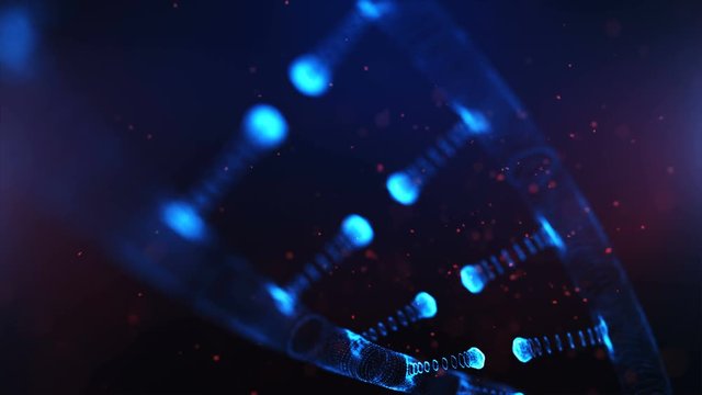 A particulate 3D rendered DNA on a blue bokeh background.