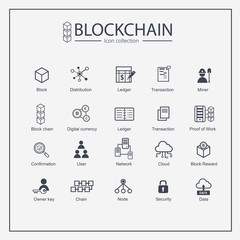 Block chain web icon set. information icon, analytics, cloud computing, block chain, block, Distribution, Ledger, Transaction icon Blockchain icon minimal design. Block connect data.
