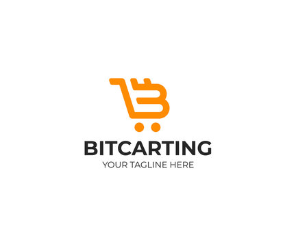 Bitcoin symbol and cart logo template. Cryptocurrency vector design. Digital money and shopping trolley logotype
