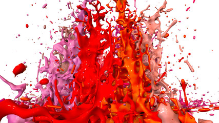 paints dance on white background. Simulation of 3d splashes of ink on a musical speaker that play music. beautiful splashes as a bright background in ultra high quality. shades of red v47