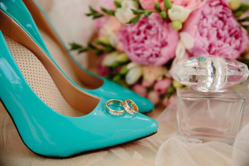 Women's high-heeled blue shoes,morning wedding preparation .