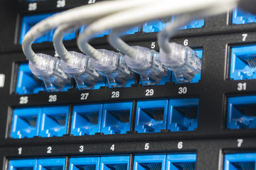 Network cables and servers in a technology data center.