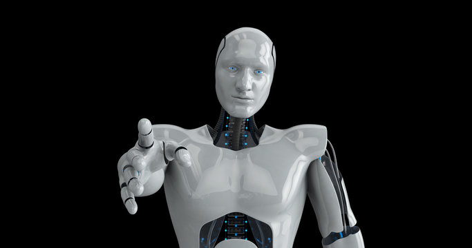 Humanoid futuristic male robot touching screen. 3D Render
