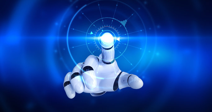 Humanoid robot hand touching screen and activating digital hud. 3D Render