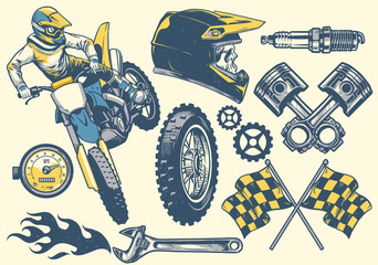 Custom vertical slats with your photo set of motocross objects in retro hand drawing style