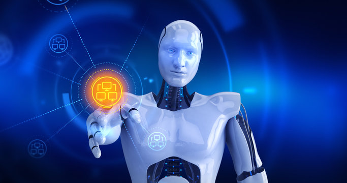 Humanoid robot touching on screen then computer network symbols appears. 3D Render