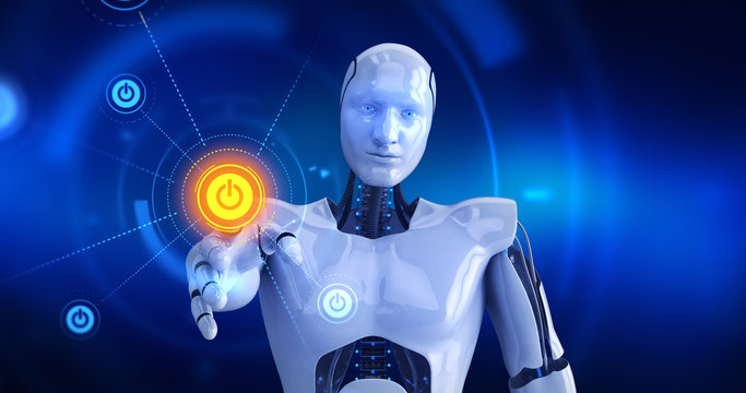Humanoid robot touching on screen then start symbols appears. 3D Render