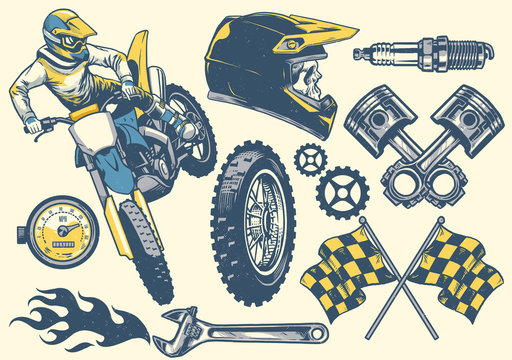 set of motocross objects in retro hand drawing style
