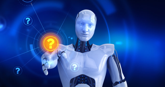 Humanoid robot touching on screen then question mark symbols appears. 3D Render