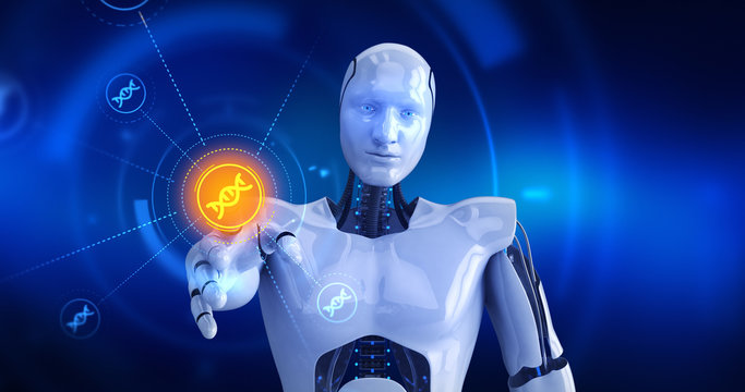 Humanoid robot touching on screen then DNA symbols appears. 3D Render