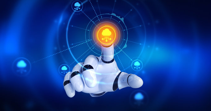 Robot hand touching on screen then cloud computing symbols appears. 3D Render