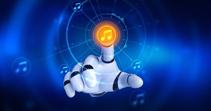 Robot hand touching on screen then musical note symbols appears. 3D Render