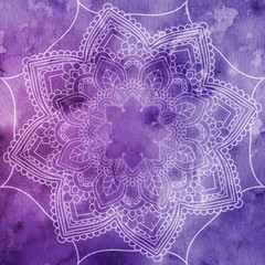 Indian Mandala over colorful watercolor. Beautiful vintage round pattern.  abstract background. Decorative art. Invitation, t-shirt print, wedding card. Tattoo element.