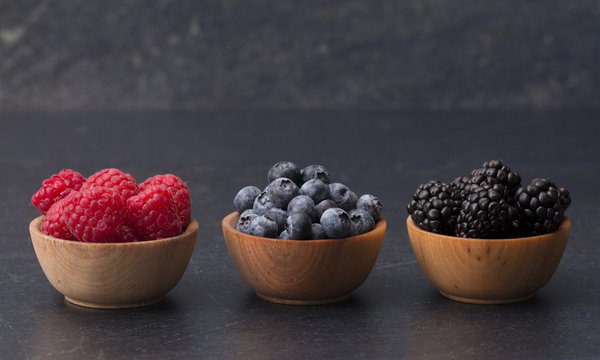 Fruits of the Forest, Raspberries, Blueberries and Blackberries, on a Slate Cutting Board