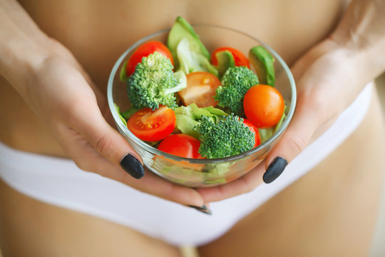 Close Up Woman Eating Healthy Salad