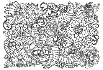 Outline vector drawing of flowers for adult coloring books. Page of floral pattern in black and white