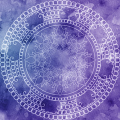 Mandala over colorful watercolor. Beautiful vintage round pattern.  abstract background. Decorative art. Invitation, t-shirt print, wedding card. Tattoo element.