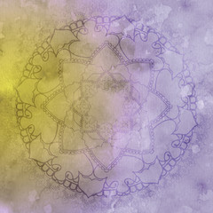 Mandala over colorful watercolor. Beautiful vintage round pattern.  abstract background. Decorative art. Invitation, t-shirt print, wedding card. Tattoo element.