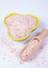 Pink Himalayan salt isolated on white background.