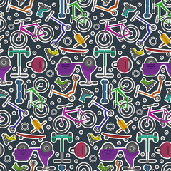 Bright colorful youth city transport in sticker style seamless pattern. Contrast cute urban ecological transport texture for textile, wrapping paper, package, background, surface © Tatahnka