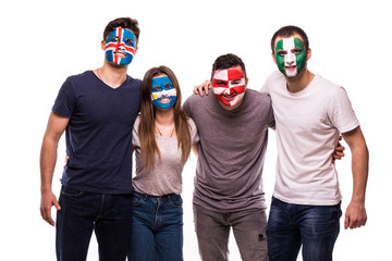 Group of football fans looking happy with their faces painted support national teams of Croatia, Nigeria, Argentina, Iceland isolated on white background