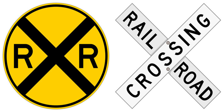 Vector illustration of two railroad crossing signs: a round sign and a crossbuck.