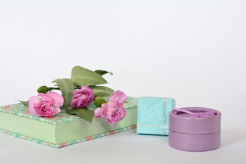Provence style pastel colors notebook diary, flowers and gift boxes