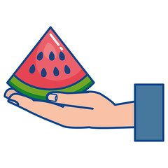 hand lifting fresh watermelon fruit icon vector illustration design