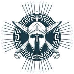 Greek helmet with crossed swords. Greek ornament.