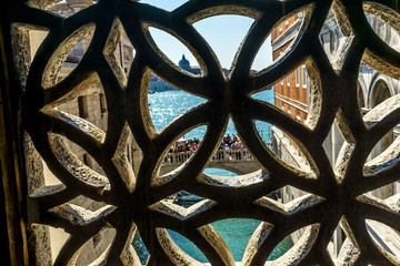 Touirists Colorful Side Canal Bridge Sighs Doges Palace Venice Italy