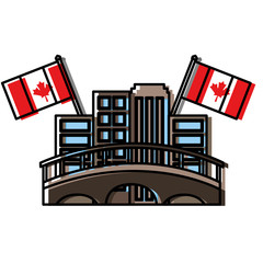 cityscape with bridge and canadian flags vector illustration design