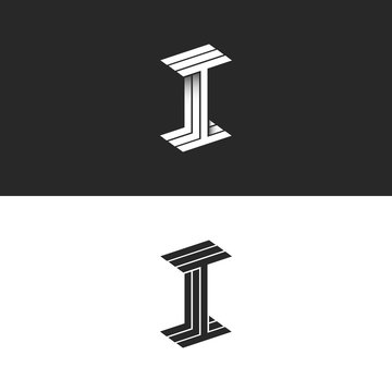 Letter I logo isometric symbol modern monogram, black and white parallel lines, linear style initial print for typography