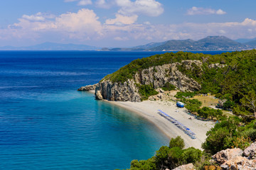 The scenic Tsabou beach, a popular destination on the Greek island of Samos, Greece