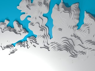 3D topographic map of the sea coast. 3D rendering. Bay, sea, mountains, valleys. Topography and cartography. The concept of geography with a wavy background.