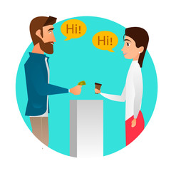 Fototapeta premium Man is buying coffee, the seller is a woman. Vector illustration of a customer buying coffee. The saleswoman with cups of coffee. Flat style design element, icon, isolated on white background.