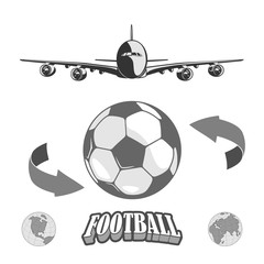 
soccer ball and a stylized image of the globe. flies a large passenger plane. isolate on white background.