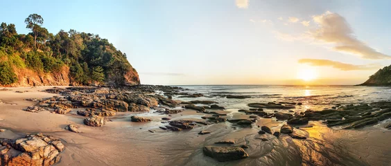 Stoff pro Meter High resolution wide panorama of sunset on Koh Lanta beach during low tide. © Lubo Ivanko