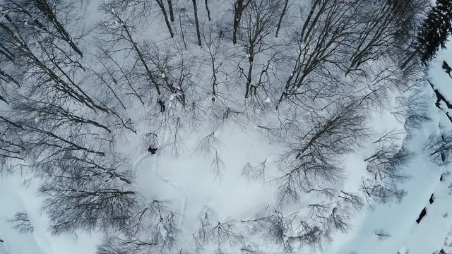 Aerial fly over the ski touring man