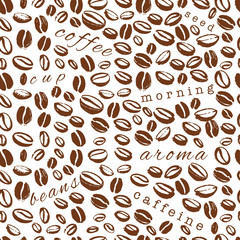 Vector seamless pattern with hand drawn coffee beans isolated on white background. Stamp coffee seeds, stains & texture. Perfect for packaging paper, package design, banners etc.