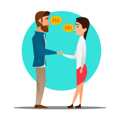 Man meets a woman. Handshake, pleasant meeting. Happy meeting. Vector flat design illustration in the circle.